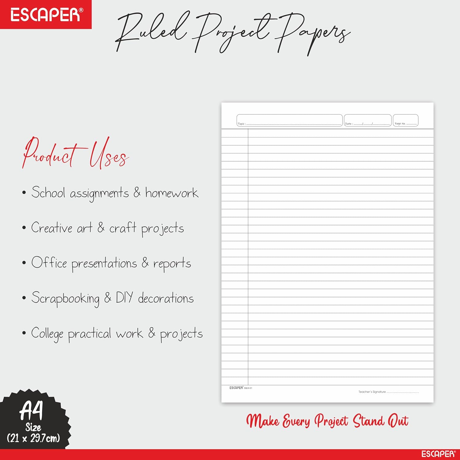 Classic One Side Ruled A4 Sheets, 90 GSM Project Paper, White Paper Sheets For Writing, Printing, DIY, Assignment, Office & Creative Use