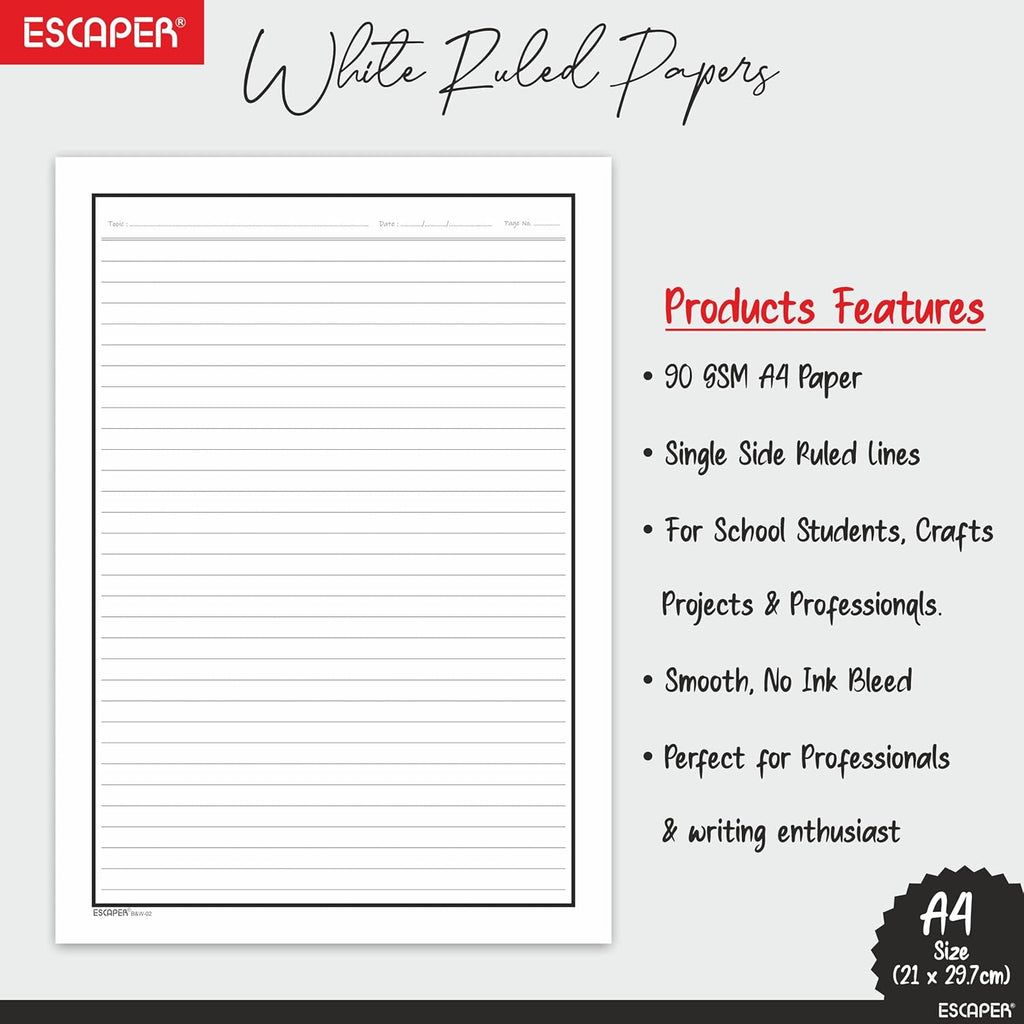 One Side Ruled A4 Sheets with Elegant Borders, 90 GSM White Paper for Writing, Projects, Office & School Use, Border Ruled Paper Sheets for Assignments, Notes & Printing