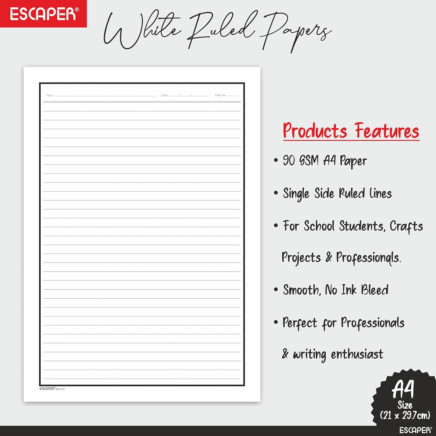 One Side Ruled A4 Sheets with Elegant Borders, 90 GSM White Paper for Writing, Projects, Office & School Use, Border Ruled Paper Sheets for Assignments, Notes & Printing