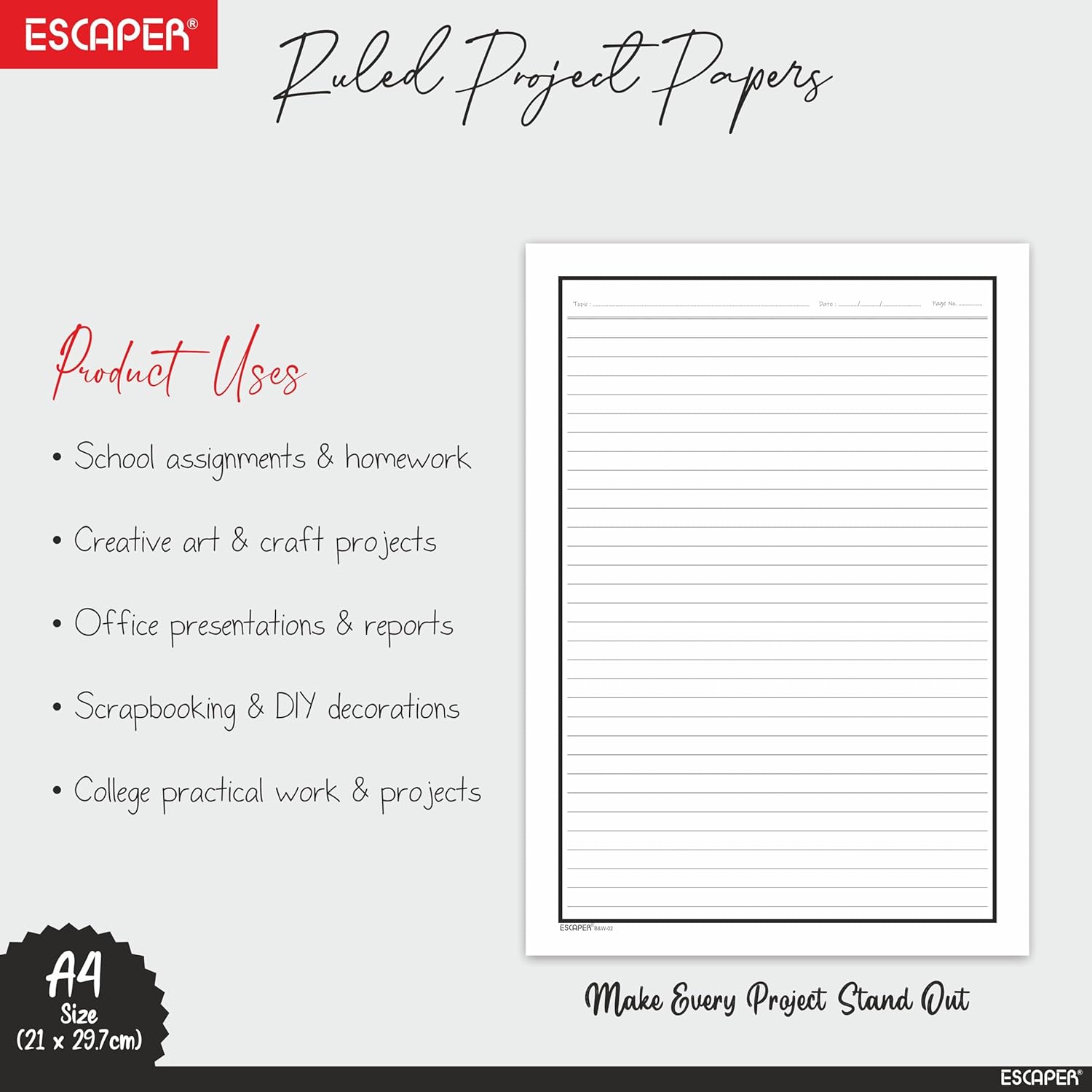 One Side Ruled A4 Sheets with Elegant Borders, 90 GSM White Paper for Writing, Projects, Office & School Use, Border Ruled Paper Sheets for Assignments, Notes & Printing