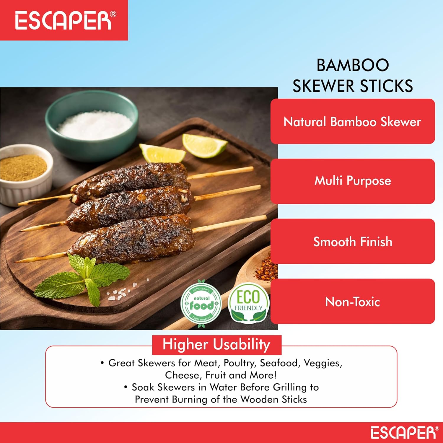 Bamboo Skewers Sticks, (Pack of 88) Multipurpose Skewers Sticks for Grilling, Fruits, Kids Crafts Natural Biodegradable Sticks for Snacks, Kababs & DIY Use