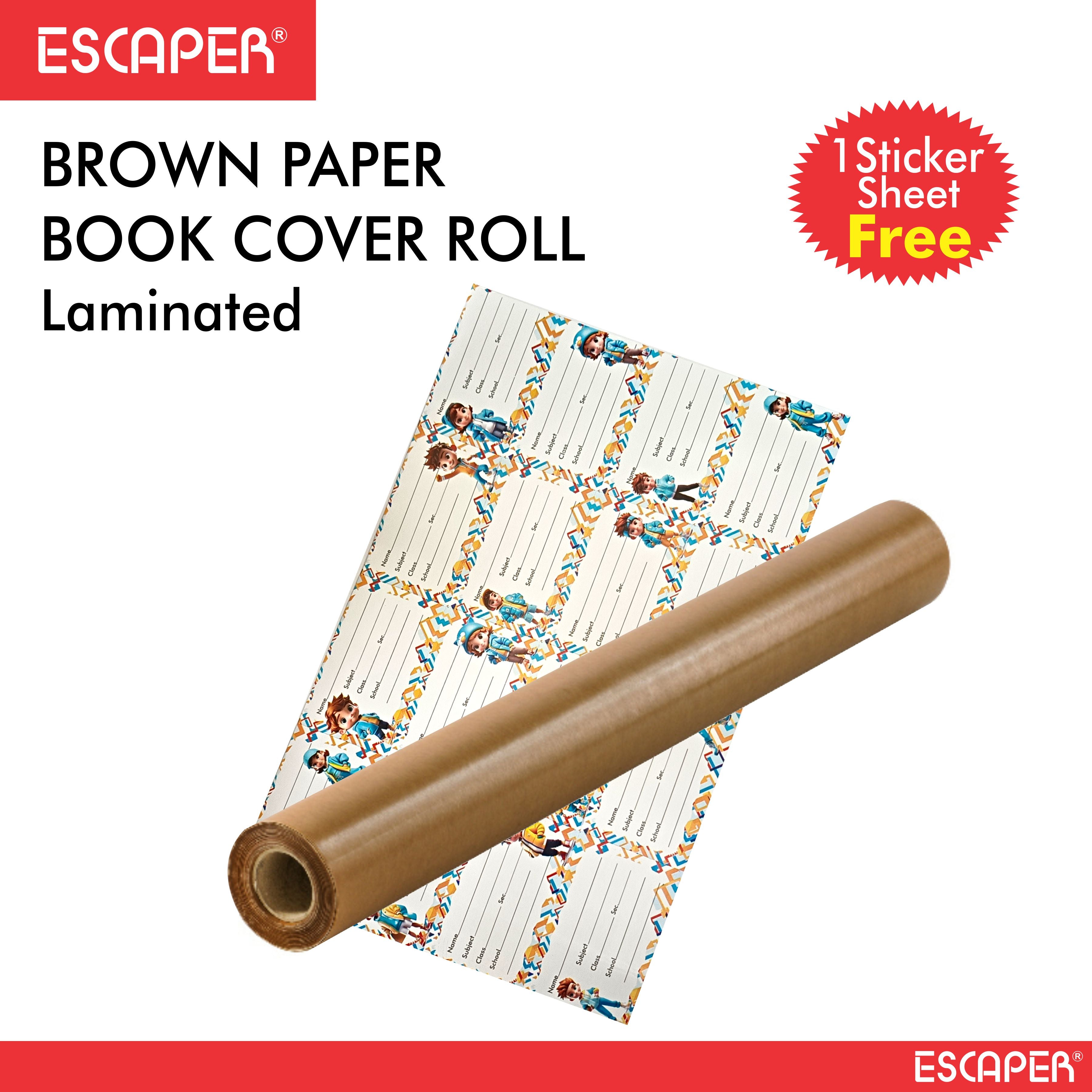 Laminated Brown Paper Cover Roll with Name Stickers for School Notebooks, (Pack Of 1- 14 Inch × 8 Meter) Thick Water-Resistant Book Protection Paper for Crafts and Packaging