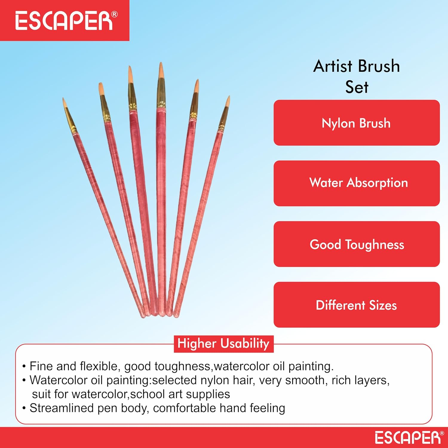 Fine Tip Paint Brush Set of 6, Nylon Bristle Round Brushe (Sizes 1 to 6) Artist Brushes for Detailing, Acrylic Painting, Miniatures, Ganpati Art, Model Craft