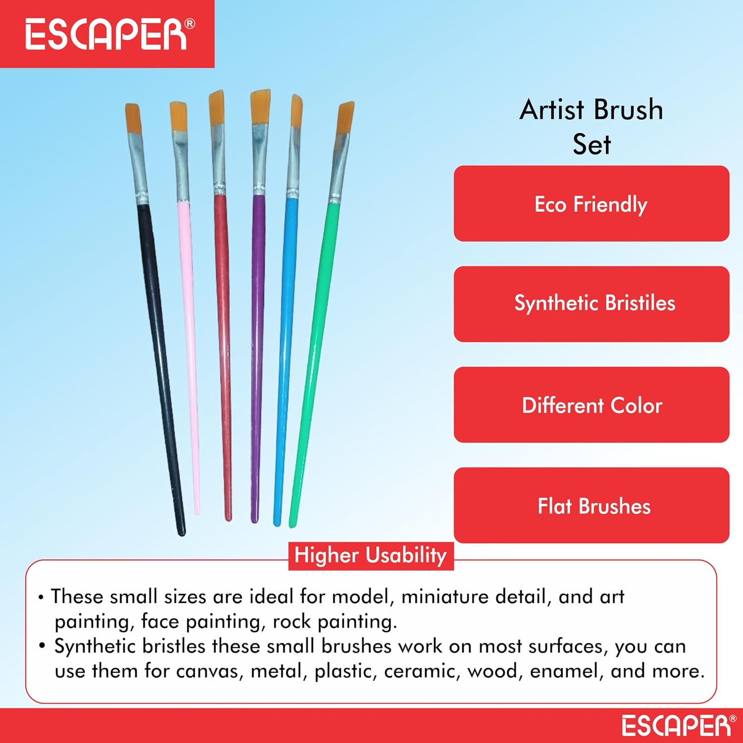 Flat Paint Brush Set of 6, Nylon Bristle Round Brushe Artist Brushes for Detailing, Acrylic Painting, Miniatures, Ganpati Art, Model Craft