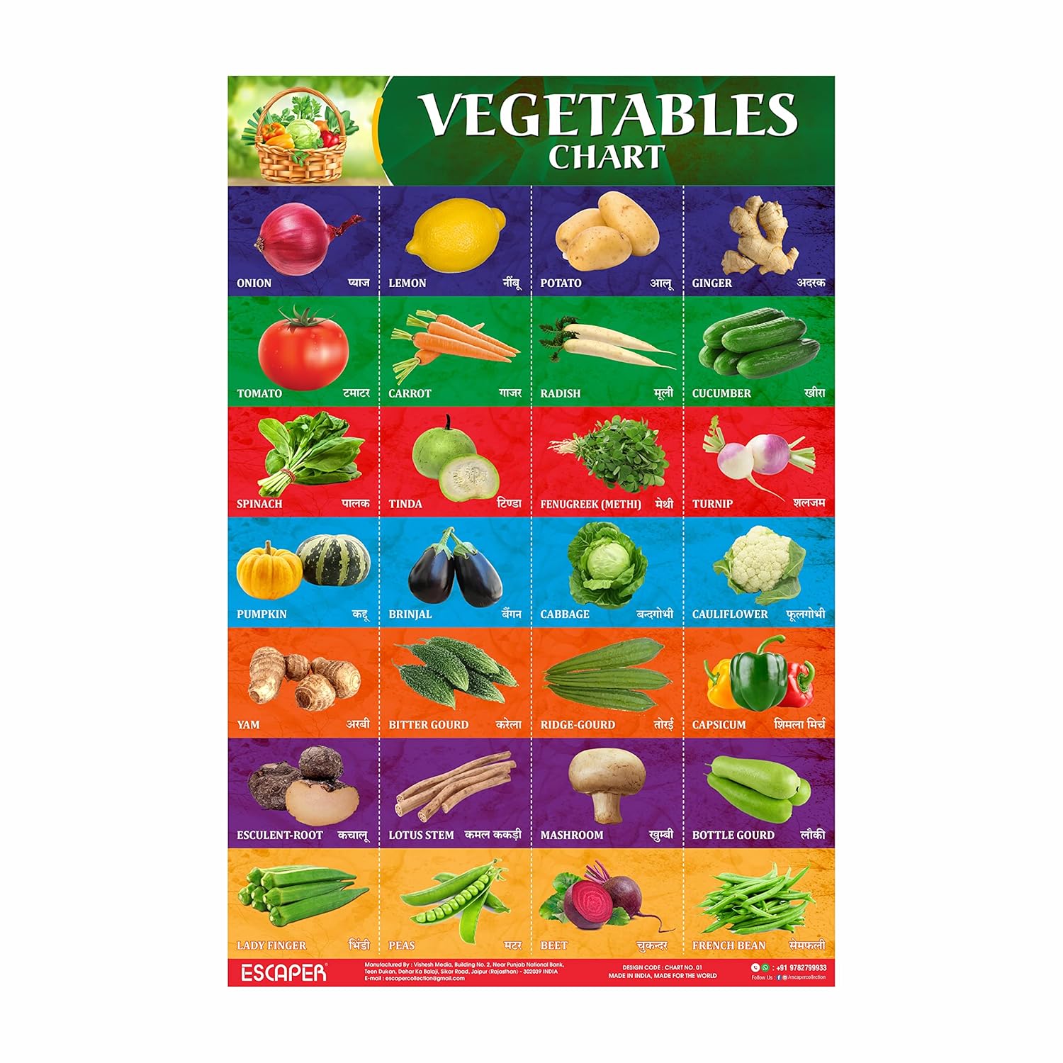 Vegetables Chart for Kids learning - Perfect for Homeschooling, Kindergarten and Nursery Students (11.5 x 17.5 inches), kids chart for 2 to 5 years, Classroom Charts