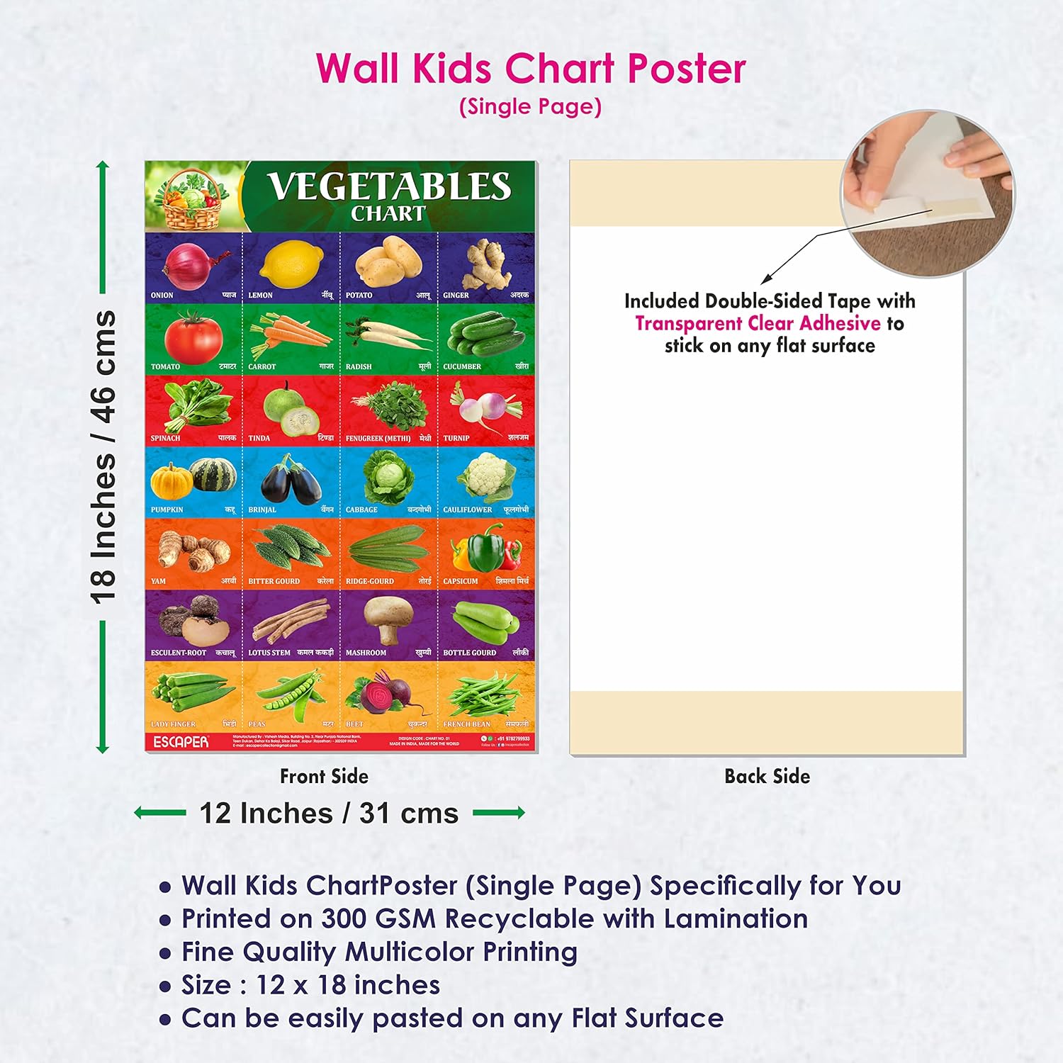 Vegetables Chart for Kids learning - Perfect for Homeschooling, Kindergarten and Nursery Students (11.5 x 17.5 inches), kids chart for 2 to 5 years, Classroom Charts