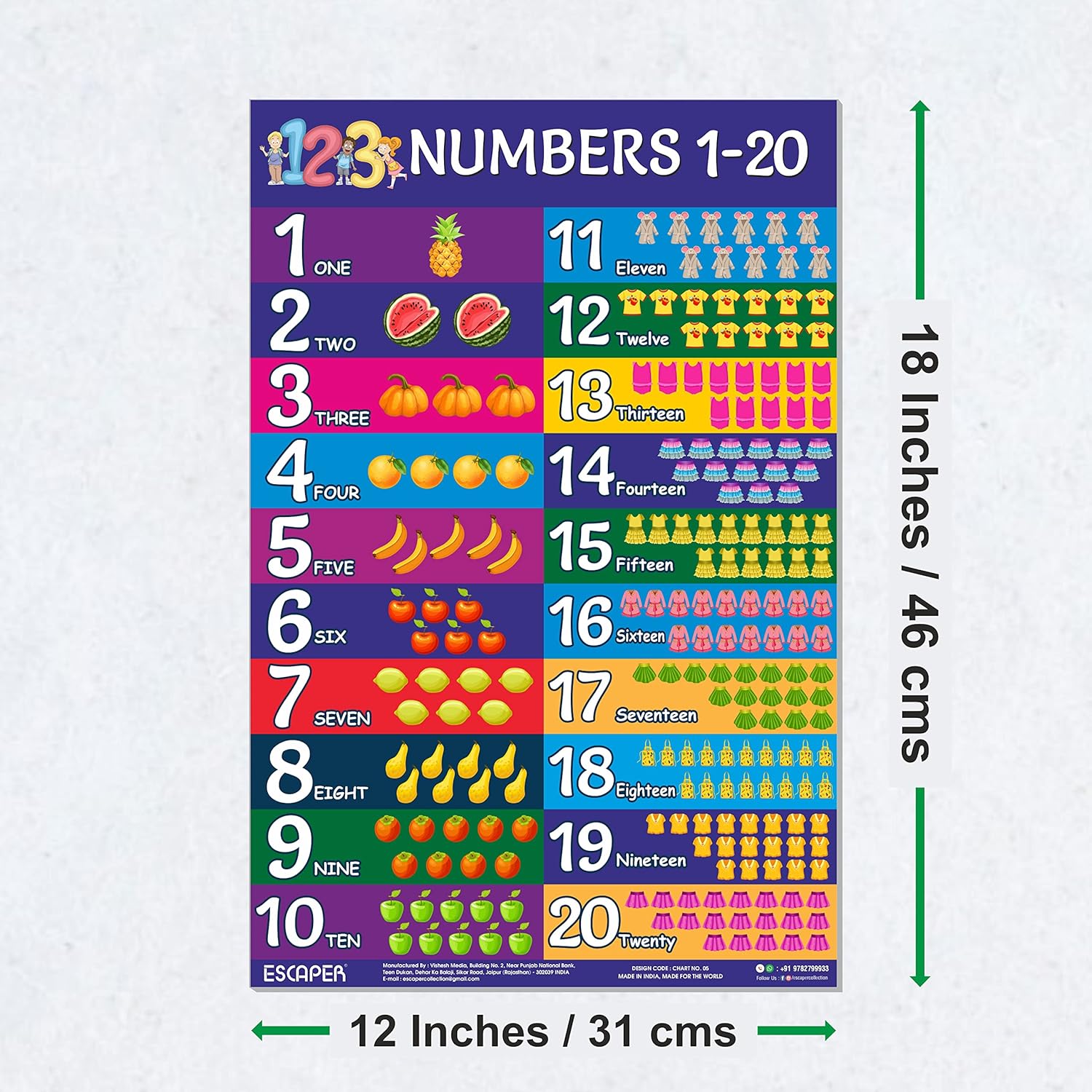 Number Chart 1-20 for Kids Wall (11.5 x 17.5 inches), Number charts for toddlers, Number names charts for kids, Number Charts for Kids Learning