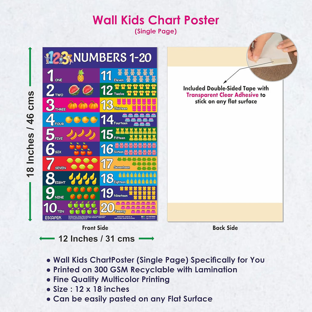 Number Chart 1-20 for Kids Wall (11.5 x 17.5 inches), Number charts for toddlers, Number names charts for kids, Number Charts for Kids Learning