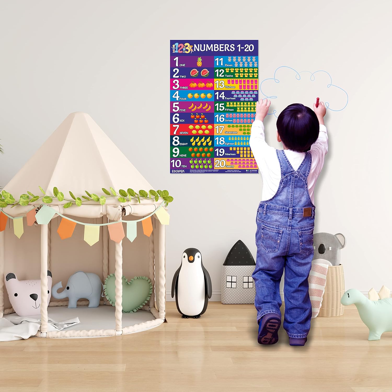 Number Chart 1-20 for Kids Wall (11.5 x 17.5 inches), Number charts for toddlers, Number names charts for kids, Number Charts for Kids Learning