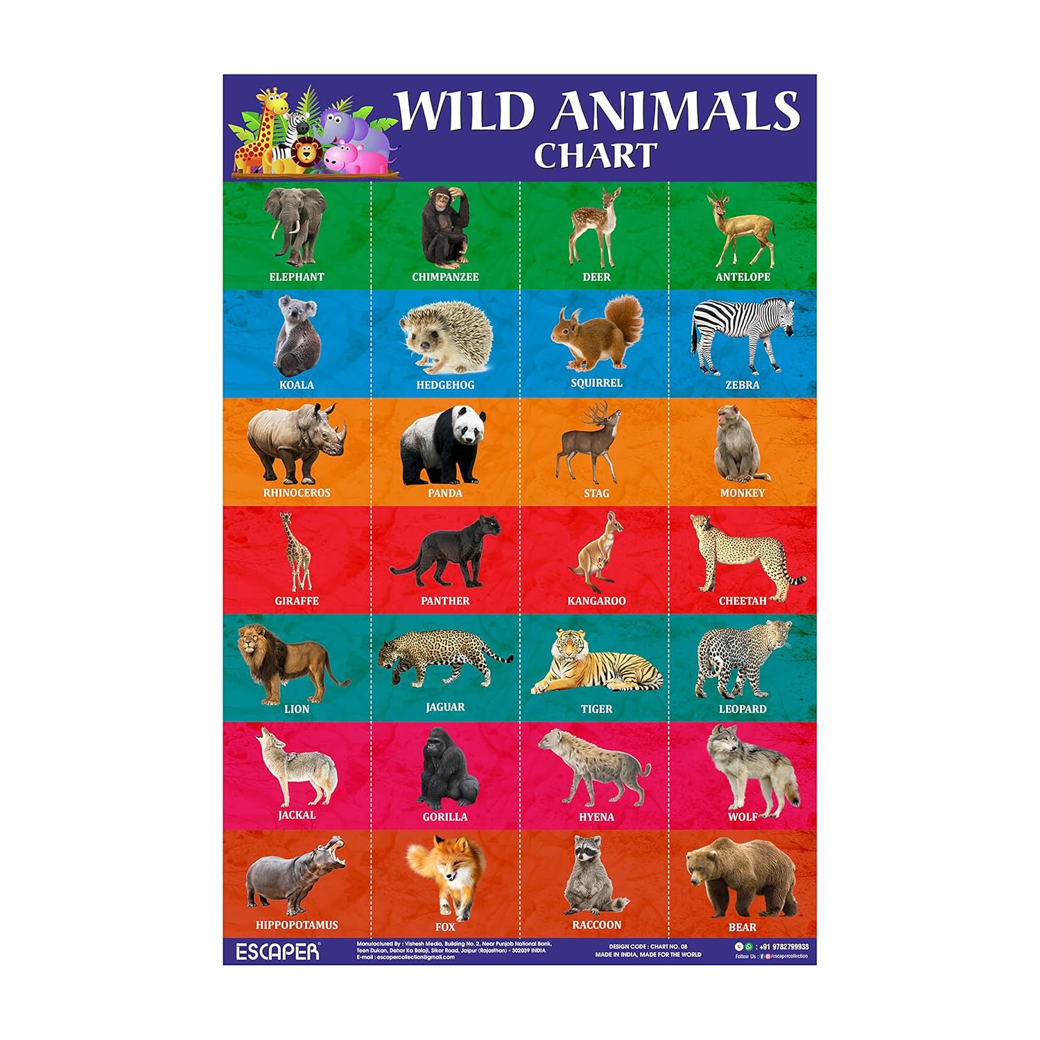 Wild Animals Chart for Kids learning (11.5 x 17.5 inches), Bill Wall Charts wild animals, Cut and paste picture of animals, Kids Animals Charts