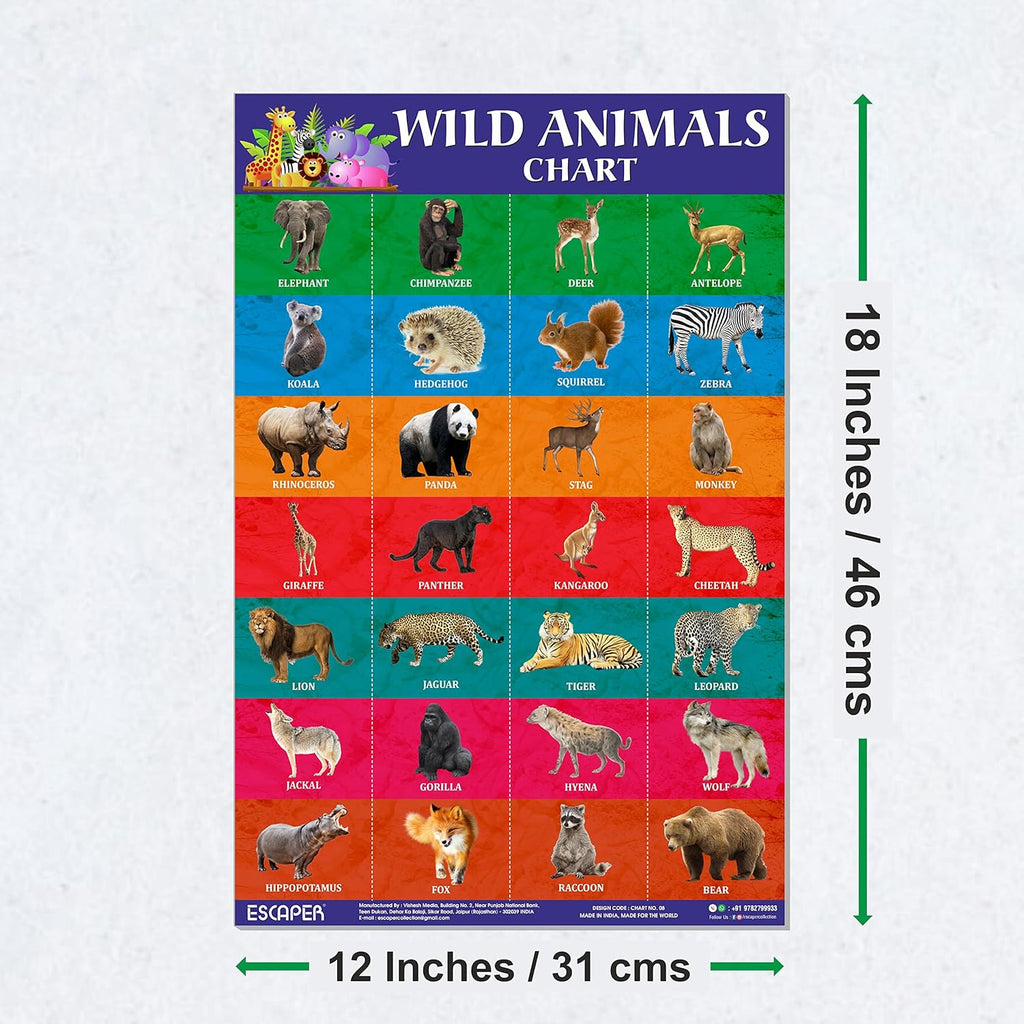Wild Animals Chart for Kids learning (11.5 x 17.5 inches), Bill Wall Charts wild animals, Cut and paste picture of animals, Kids Animals Charts