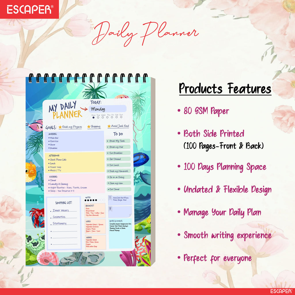 Sea Life Daily Planner Diary A5 – 100 Days Undated Planning Notebook with To-Do List, Appointments & Goal Tracker | Ocean Theme Planner for Kids & Students