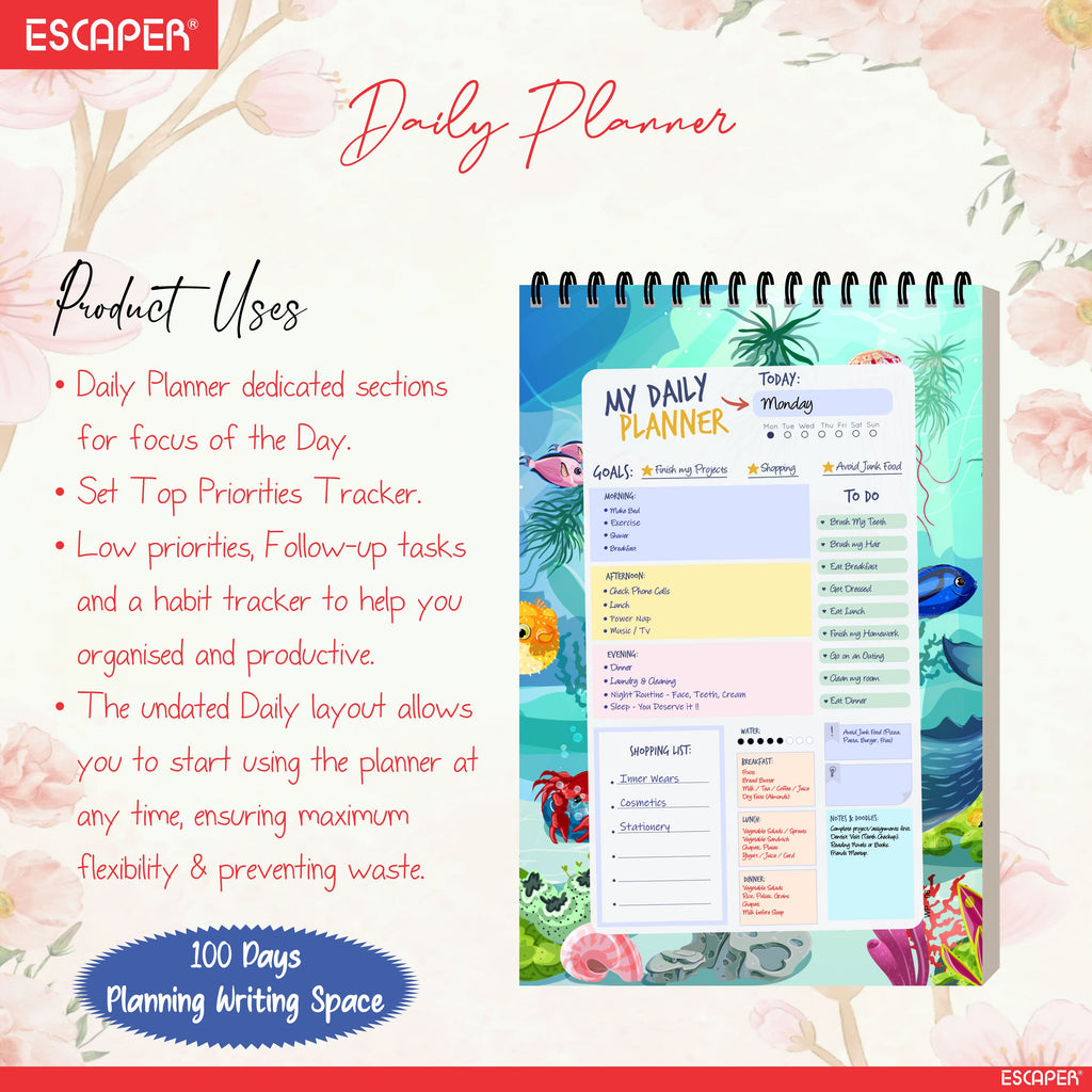 Sea Life Daily Planner Diary A5 – 100 Days Undated Planning Notebook with To-Do List, Appointments & Goal Tracker | Ocean Theme Planner for Kids & Students
