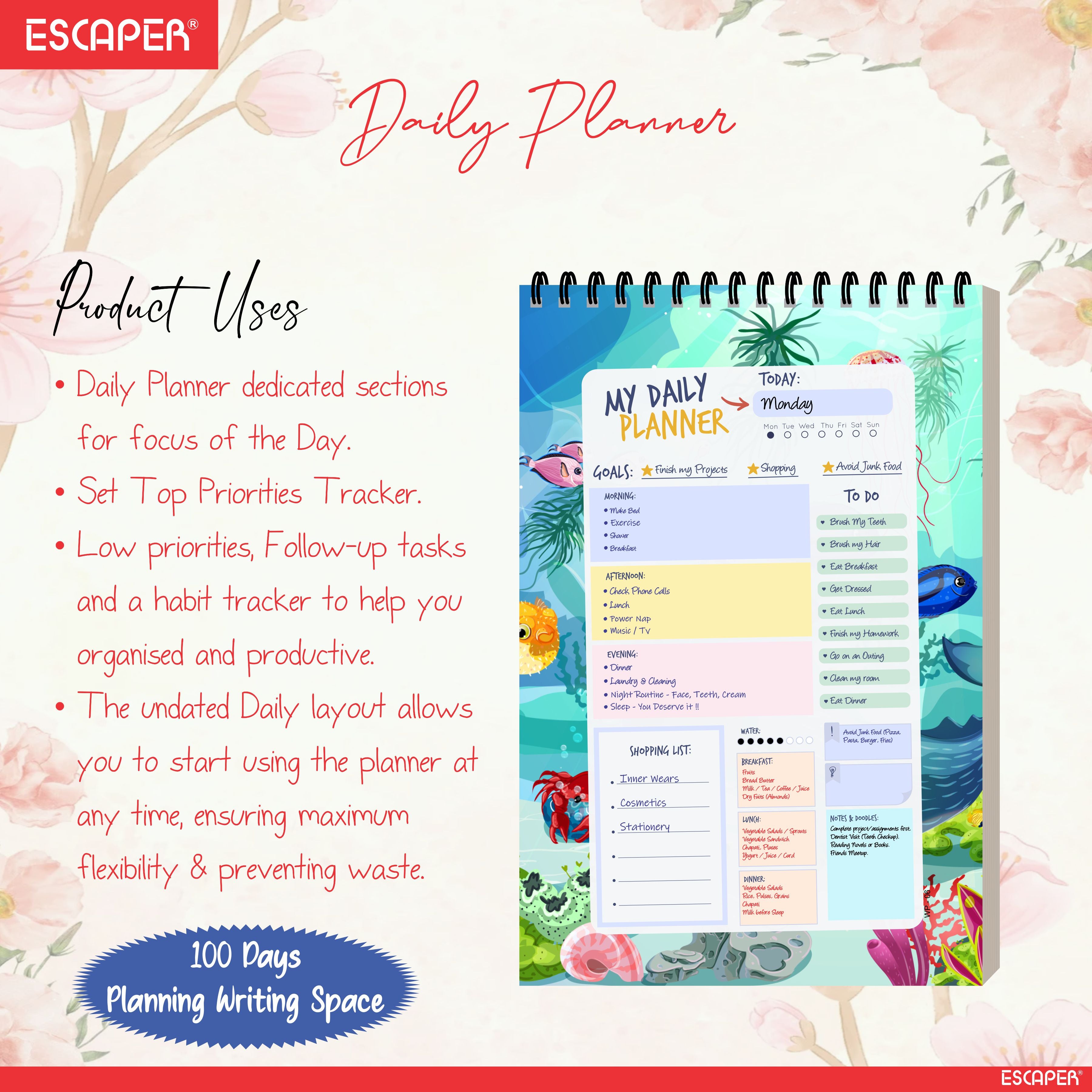 Sea Life Daily Planner Diary A5 – 100 Days Undated Planning Notebook with To-Do List, Appointments & Goal Tracker | Ocean Theme Planner for Kids & Students