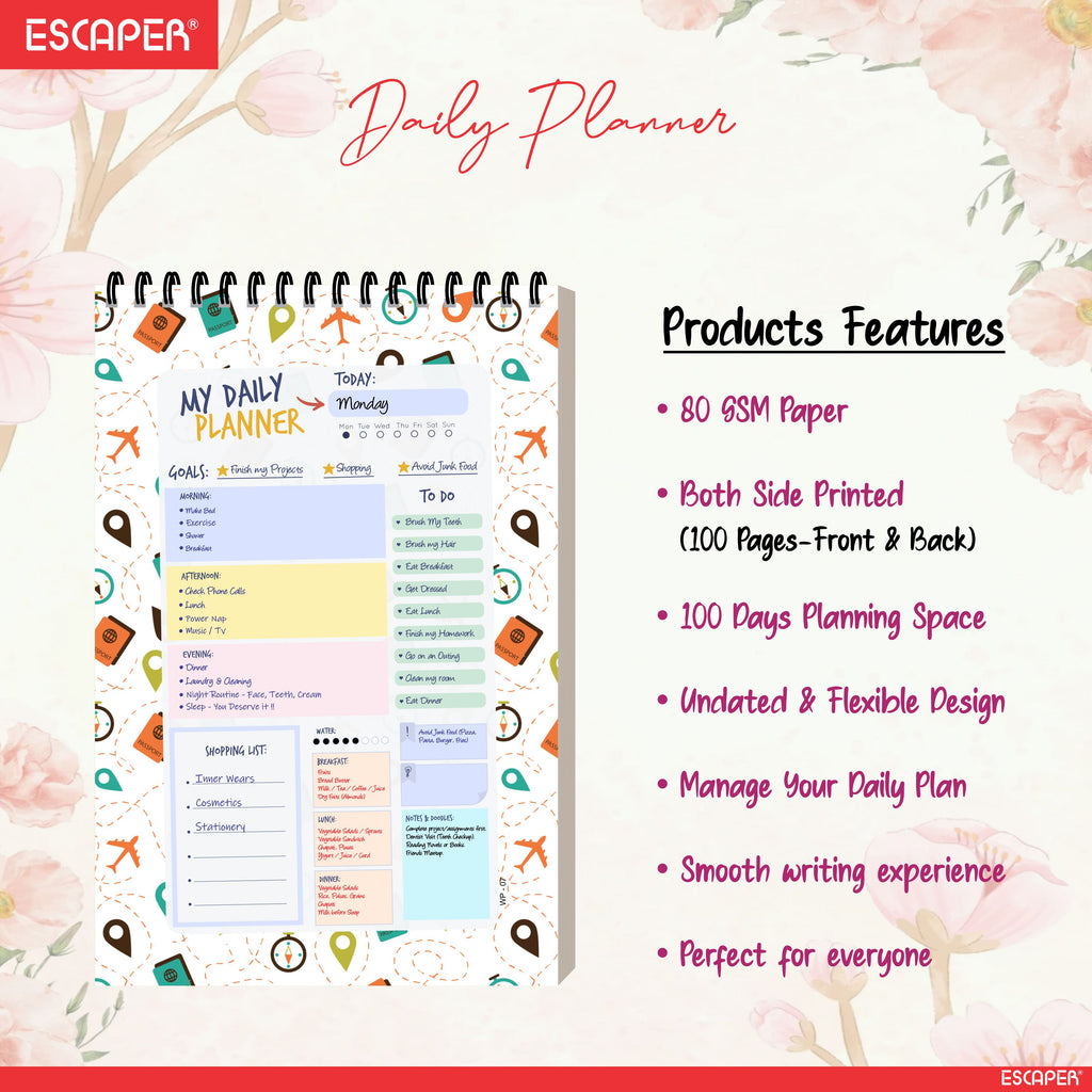 Travel Theme Daily Planner Diary A5 – 100 Days Undated Planning Notebook with To-Do List, Appointments & Goal Tracker | Gift for Travellers & Travel Lovers