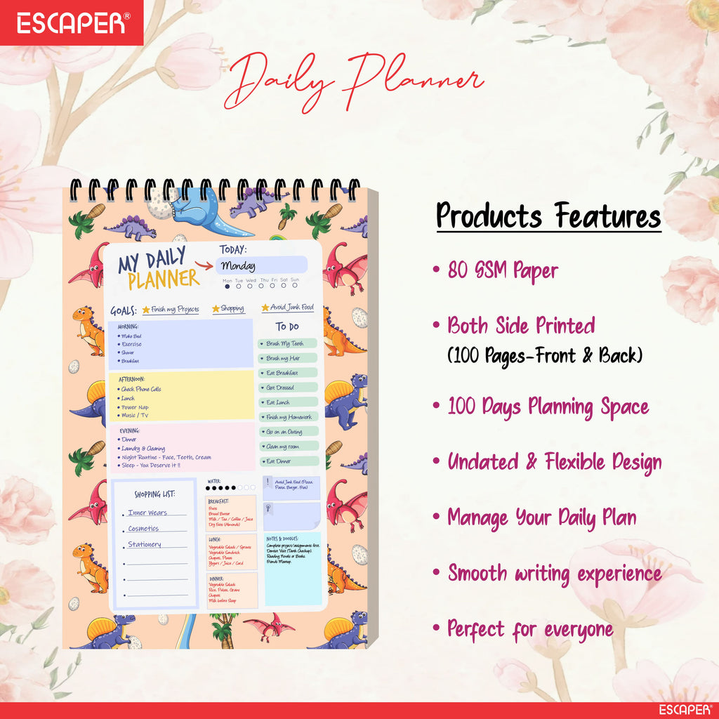Dinosaur Theme Daily Planner Diary A5 – 100 Days Undated Notebook with To-Do List, Priorities & Goal Tracker | Fun Planner for Kids, Boys & Dino Lovers