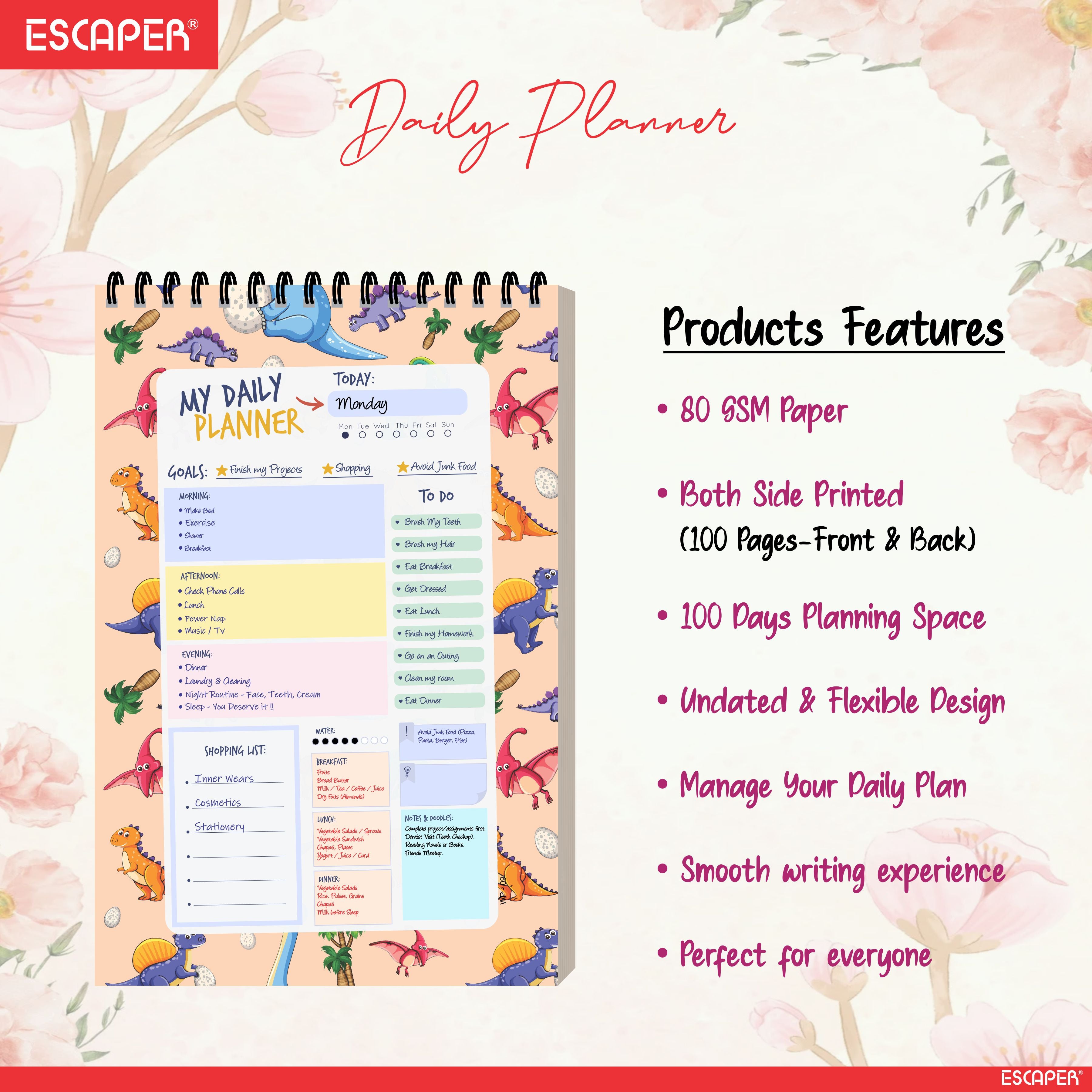 Dinosaur Theme Daily Planner Diary A5 – 100 Days Undated Notebook with To-Do List, Priorities & Goal Tracker | Fun Planner for Kids, Boys & Dino Lovers