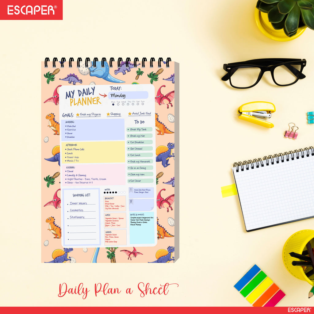 Dinosaur Theme Daily Planner Diary A5 – 100 Days Undated Notebook with To-Do List, Priorities & Goal Tracker | Fun Planner for Kids, Boys & Dino Lovers