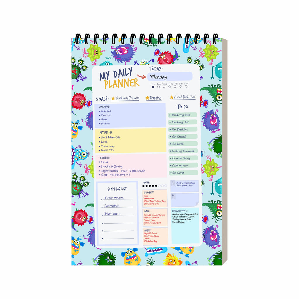 Monster Theme Daily Planner Diary A5 – 100 Days Undated Planning Notebook with To-Do List, Priorities & Notes | Fun Planner for Kids, Teens & Gifting