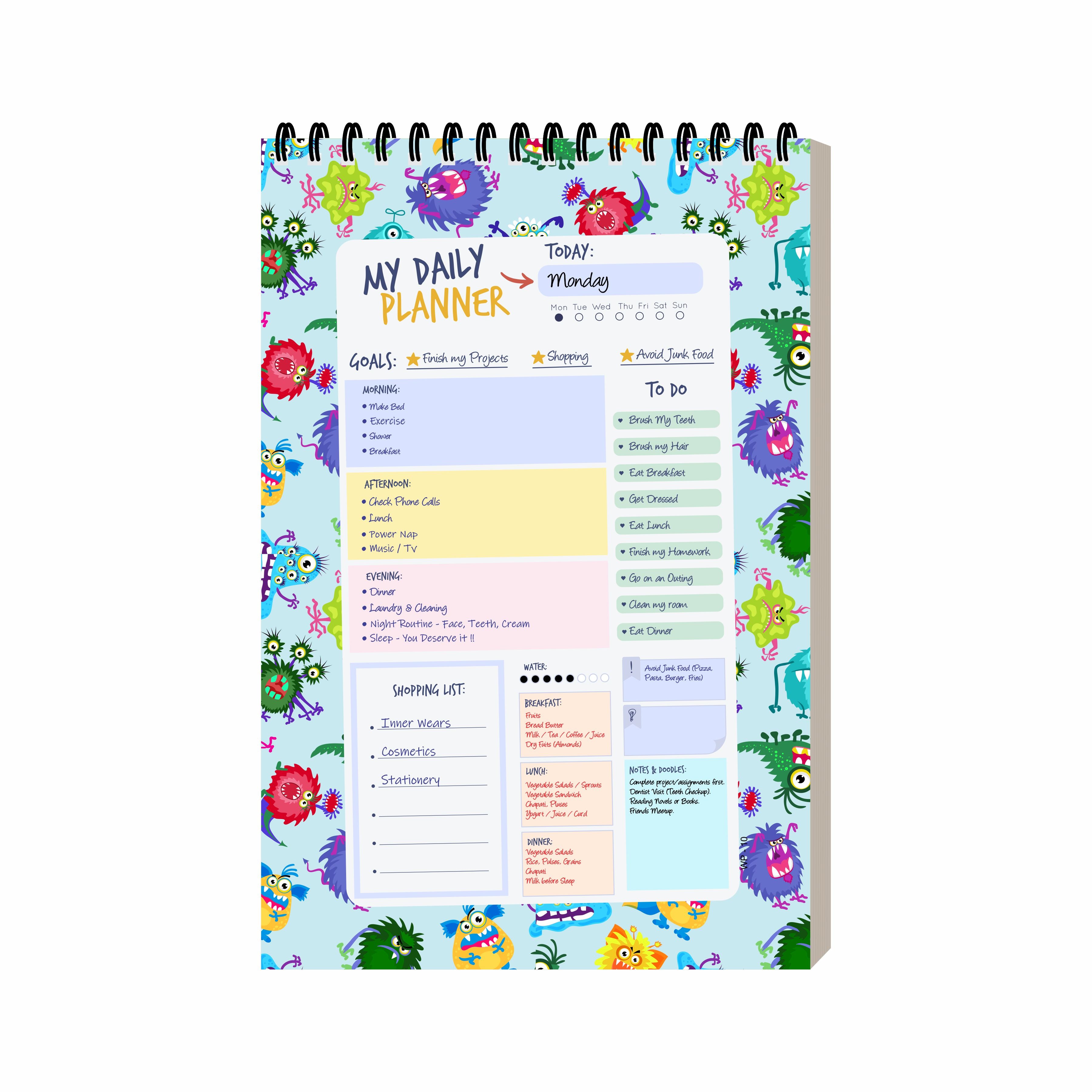 Monster Theme Daily Planner Diary A5 – 100 Days Undated Planning Notebook with To-Do List, Priorities & Notes | Fun Planner for Kids, Teens & Gifting