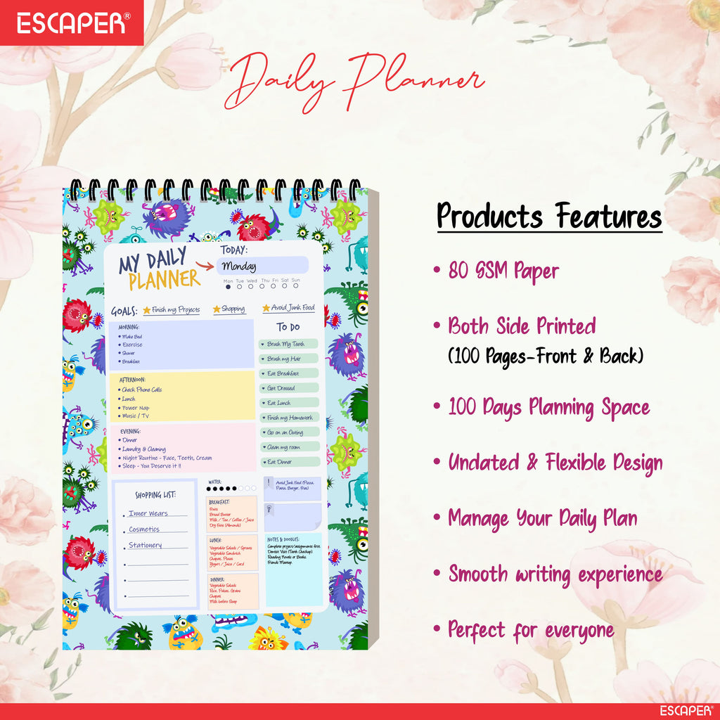 Monster Theme Daily Planner Diary A5 – 100 Days Undated Planning Notebook with To-Do List, Priorities & Notes | Fun Planner for Kids, Teens & Gifting