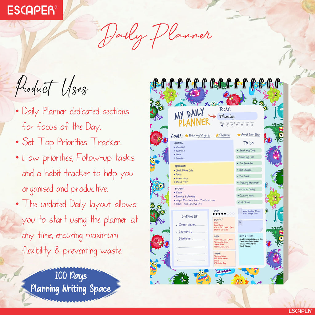 Monster Theme Daily Planner Diary A5 – 100 Days Undated Planning Notebook with To-Do List, Priorities & Notes | Fun Planner for Kids, Teens & Gifting