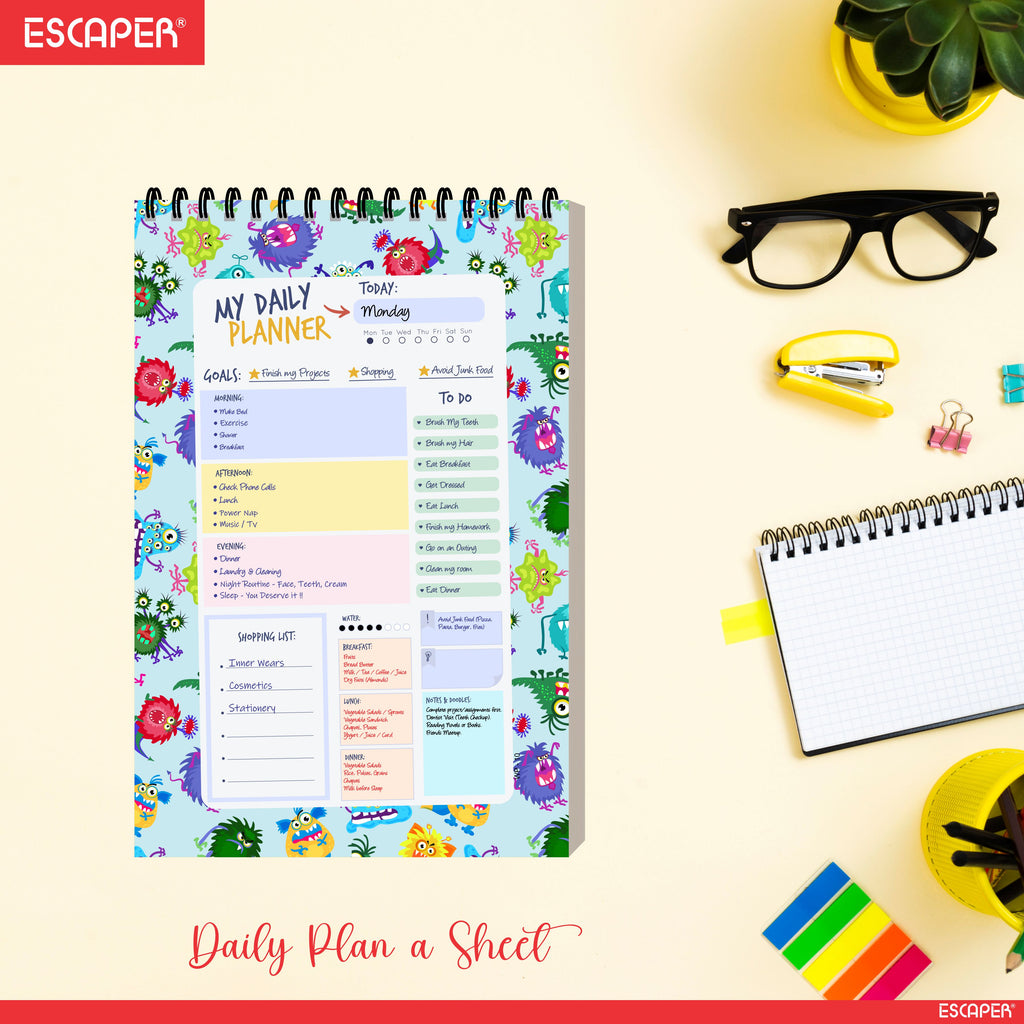 Monster Theme Daily Planner Diary A5 – 100 Days Undated Planning Notebook with To-Do List, Priorities & Notes | Fun Planner for Kids, Teens & Gifting