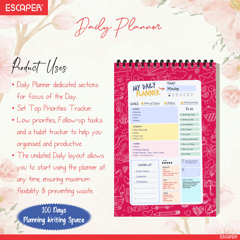 A5 Undated Daily Planner Diary – 100 Days Productivity Journal with To Do List, Appointments, Priorities, Notes & Goal Tracker – Perfect for Work, School & Gifting