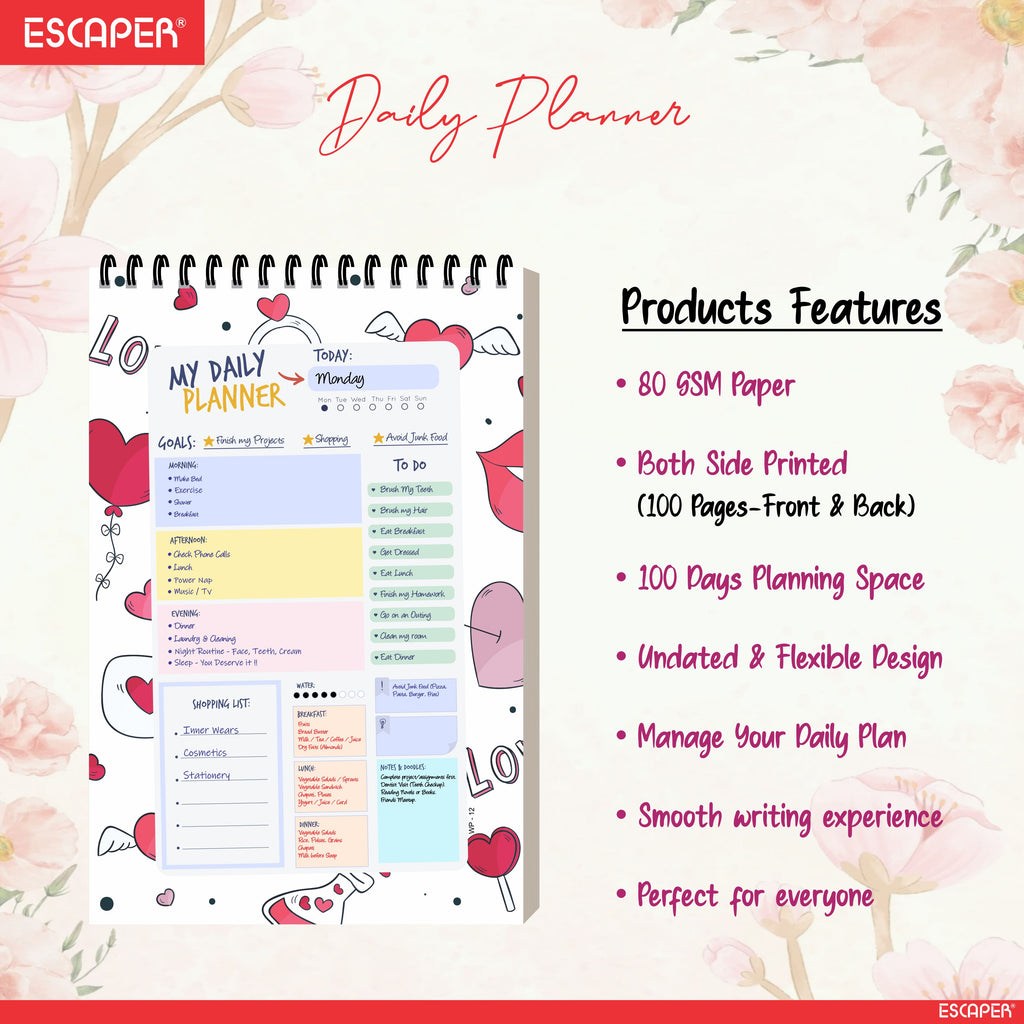 Love & Hearts Daily Planner Diary A5 – 100 Days Undated Productivity Journal with To-Do List, Priorities & Goal Tracker | Gift for Girls, Couples & Valentine's Day