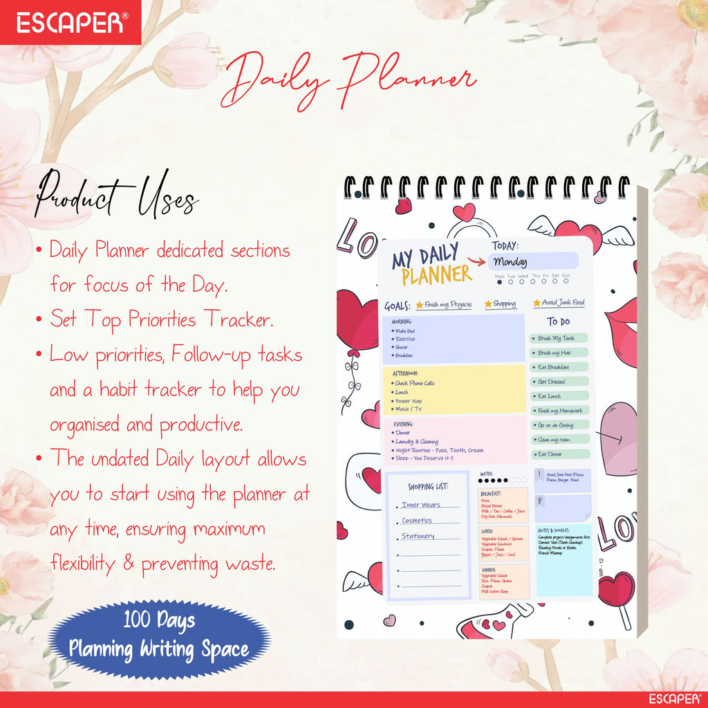 Love & Hearts Daily Planner Diary A5 – 100 Days Undated Productivity Journal with To-Do List, Priorities & Goal Tracker | Gift for Girls, Couples & Valentine's Day