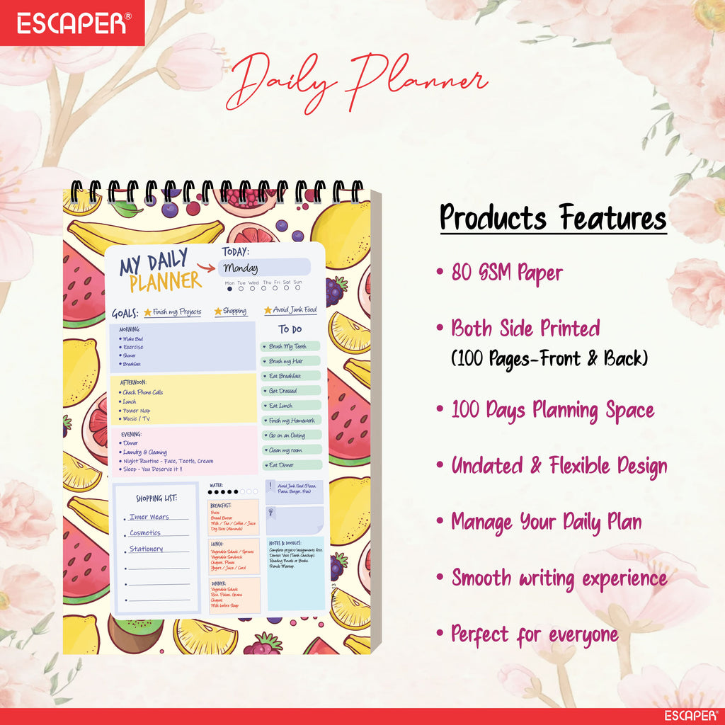 Fruits Theme Daily Planner Diary A5 – 100 Days Undated Productivity Journal with To-Do List, Appointments, Priorities & Notes | Cute Planner for Work & Study