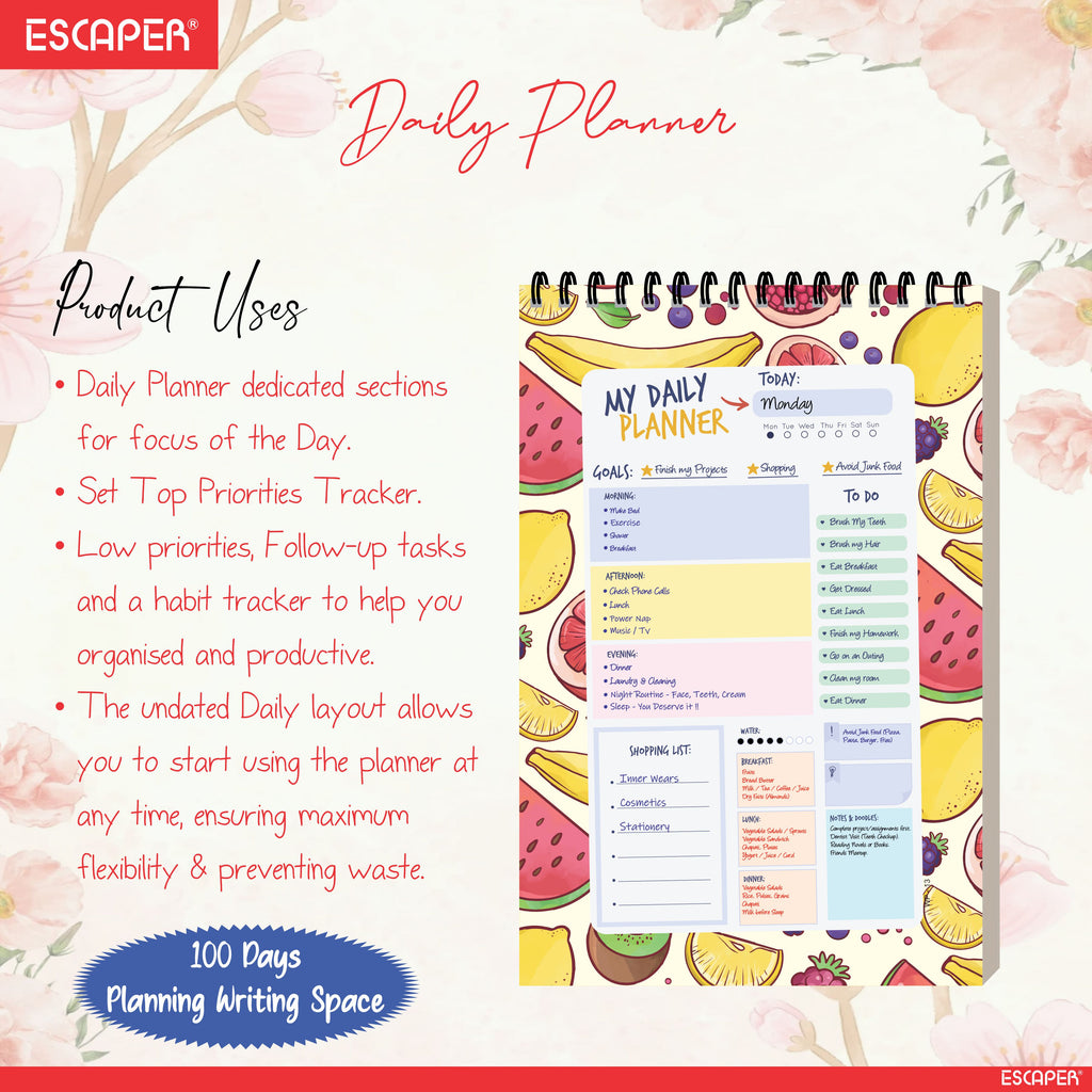 Fruits Theme Daily Planner Diary A5 – 100 Days Undated Productivity Journal with To-Do List, Appointments, Priorities & Notes | Cute Planner for Work & Study
