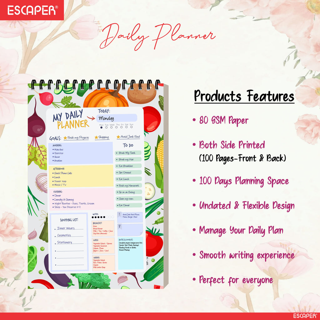 Vegetables Theme Daily Planner Diary A5 – 100 Days Undated Productivity Journal with To-Do List, Priorities & Notes | Cute Planner for Work, School & Gifting