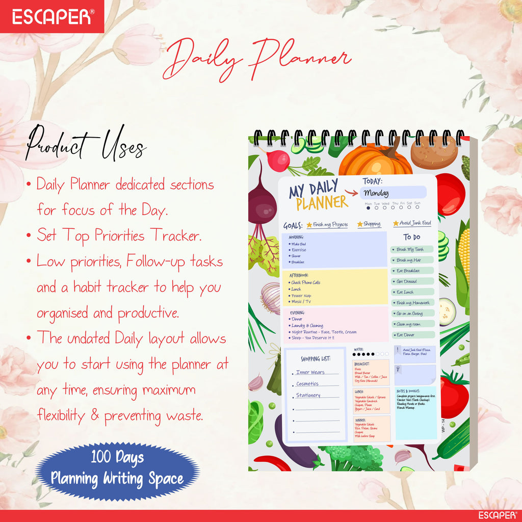 Vegetables Theme Daily Planner Diary A5 – 100 Days Undated Productivity Journal with To-Do List, Priorities & Notes | Cute Planner for Work, School & Gifting