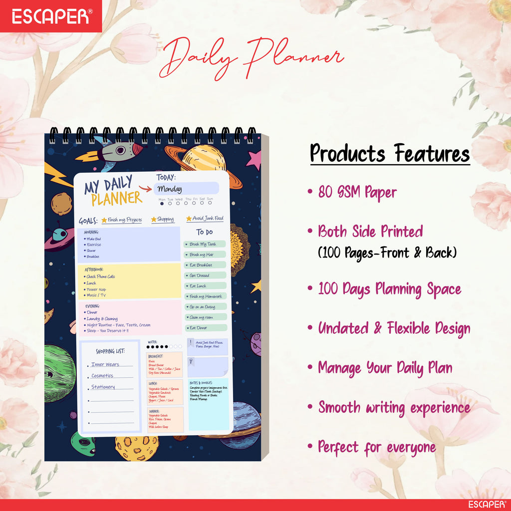 Space Theme Daily Planner Diary A5 – 100 Days Undated Productivity Journal with To-Do List, Priorities & Goal Tracker | Gift for Kids, Boys & Space Lovers