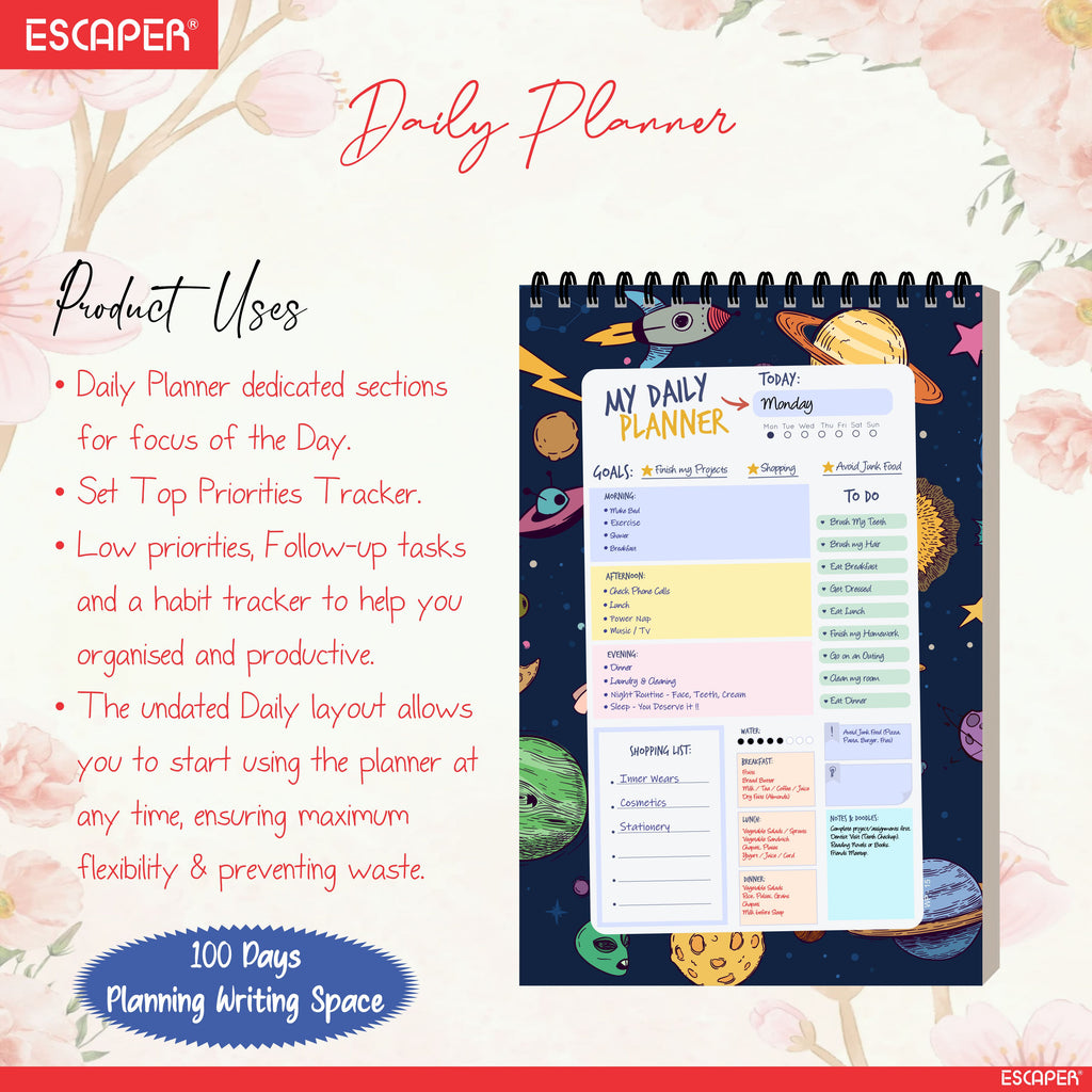 Space Theme Daily Planner Diary A5 – 100 Days Undated Productivity Journal with To-Do List, Priorities & Goal Tracker | Gift for Kids, Boys & Space Lovers