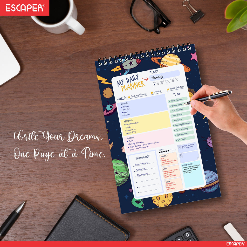 Space Theme Daily Planner Diary A5 – 100 Days Undated Productivity Journal with To-Do List, Priorities & Goal Tracker | Gift for Kids, Boys & Space Lovers