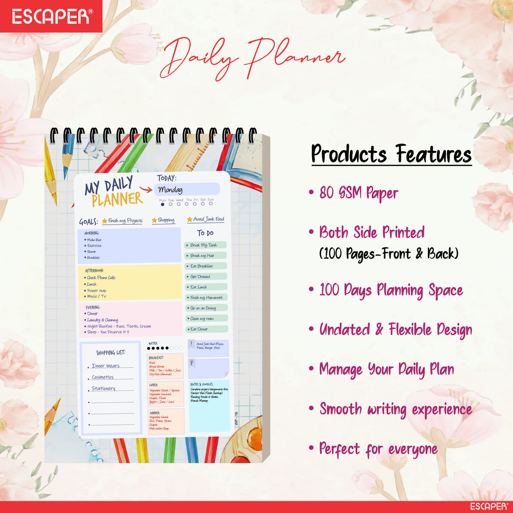 Back to School Daily Planner A5 – 100 Days Undated Journal with To-Do Lists, Appointments, Priorities & Notes | Study Planner for Students & Teens