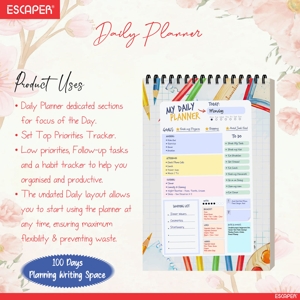 Back to School Daily Planner A5 – 100 Days Undated Journal with To-Do Lists, Appointments, Priorities & Notes | Study Planner for Students & Teens