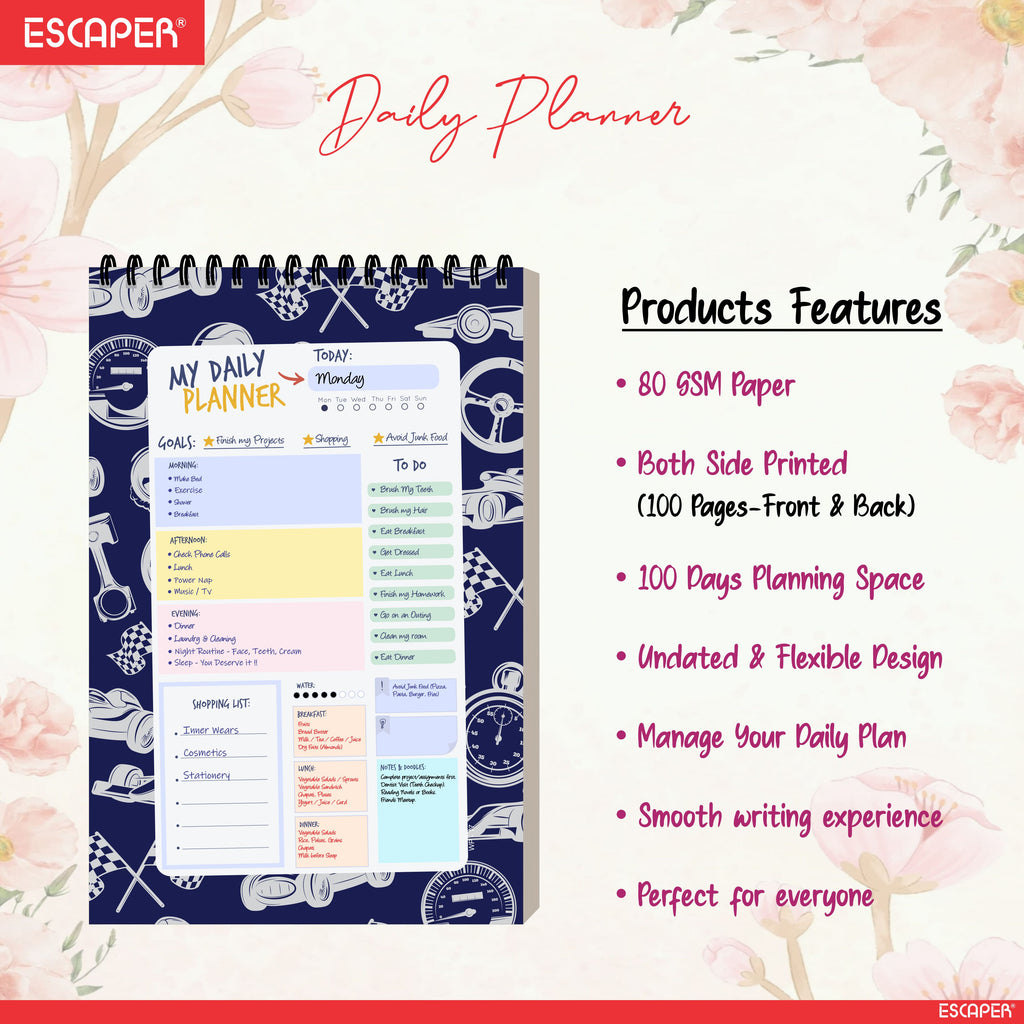 Vehicles Theme Daily Planner A5 – 100 Days Undated Planning Journal with To-Do Lists, Appointments, Priorities & Goal Tracker | Gift for Kids & Boys