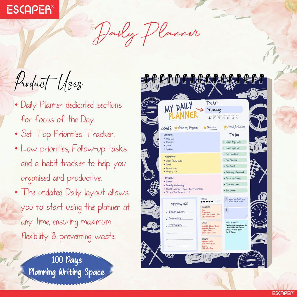 Vehicles Theme Daily Planner A5 – 100 Days Undated Planning Journal with To-Do Lists, Appointments, Priorities & Goal Tracker | Gift for Kids & Boys