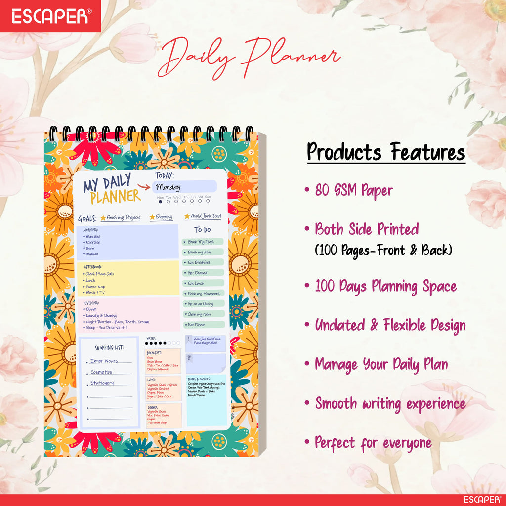 Flower Print Daily Planner A5 – 100 Days Undated Planning Journal with To-Do Lists, Appointments, Priorities & Notes | Planner for Work, Study & Gifting