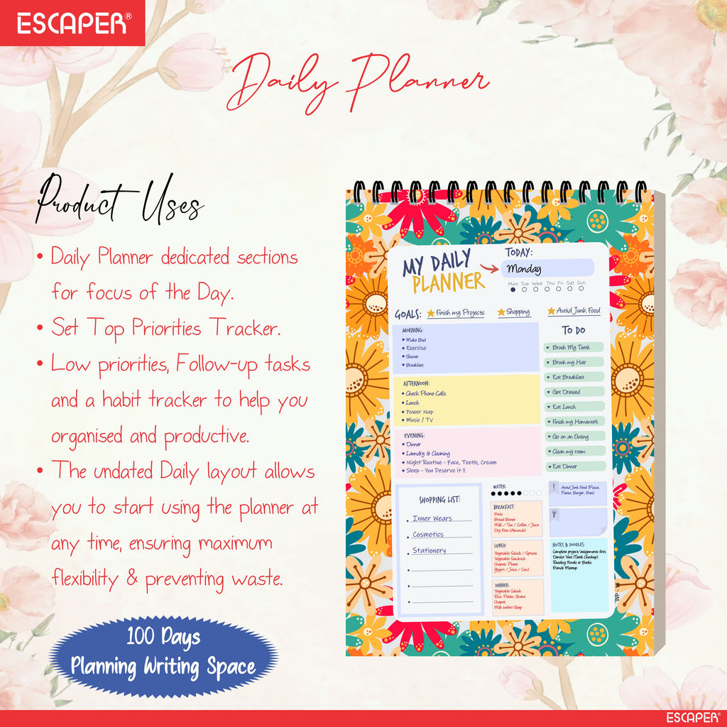 Flower Print Daily Planner A5 – 100 Days Undated Planning Journal with To-Do Lists, Appointments, Priorities & Notes | Planner for Work, Study & Gifting