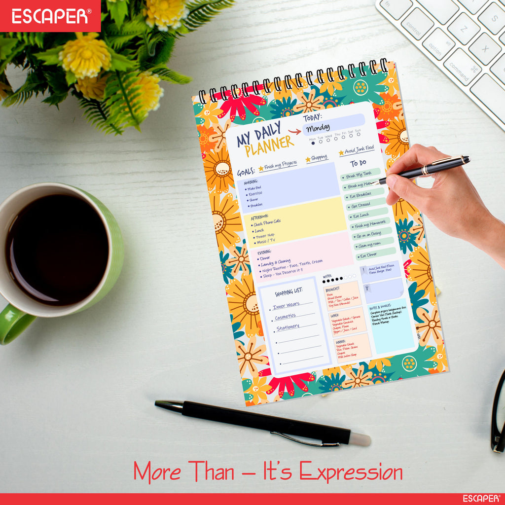 Flower Print Daily Planner A5 – 100 Days Undated Planning Journal with To-Do Lists, Appointments, Priorities & Notes | Planner for Work, Study & Gifting