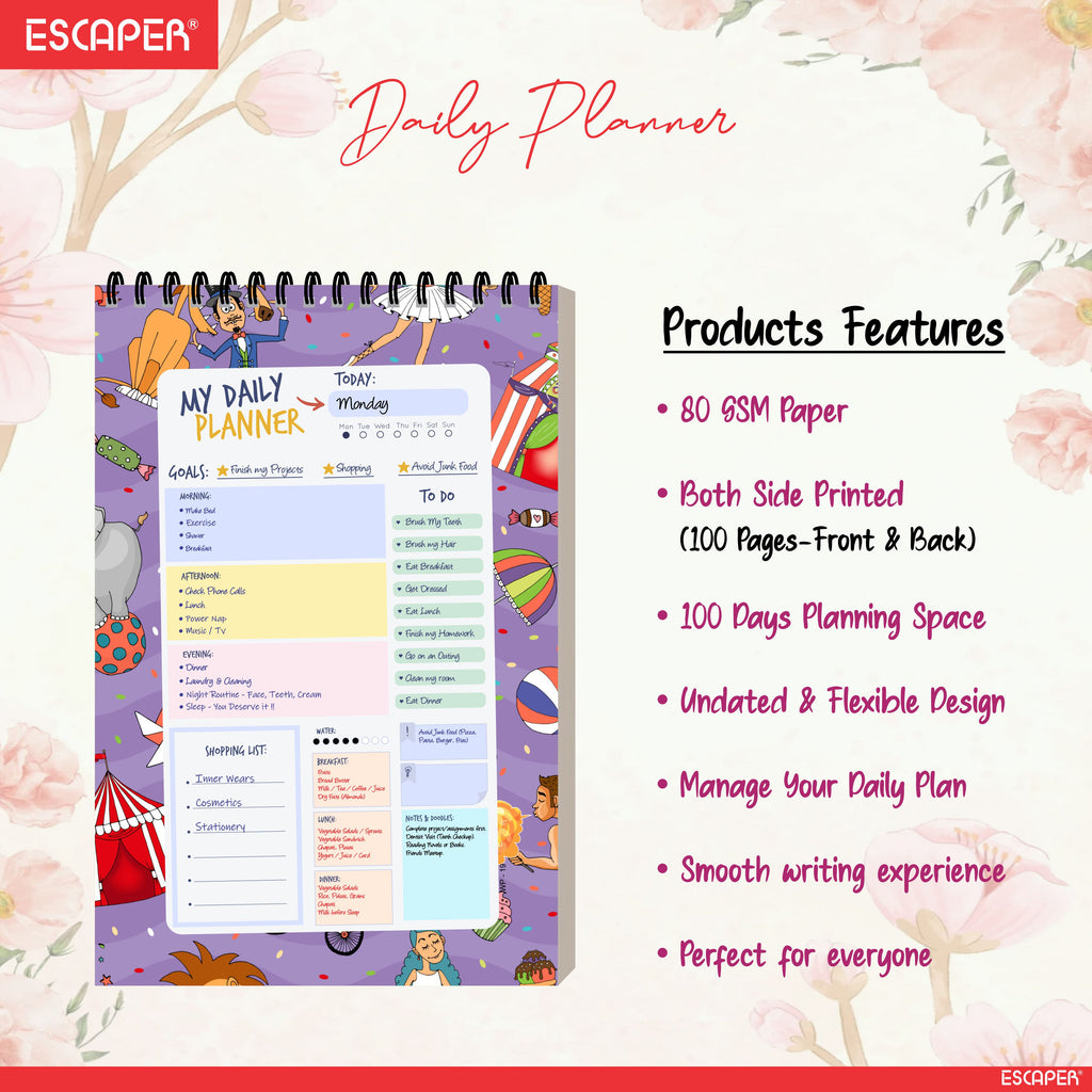 Circus Theme Daily Planner A5 – 100 Days Undated Planning Journal with To-Do Lists, Appointments & Goal Tracker | Fun Planner for Kids, Students & Gifting