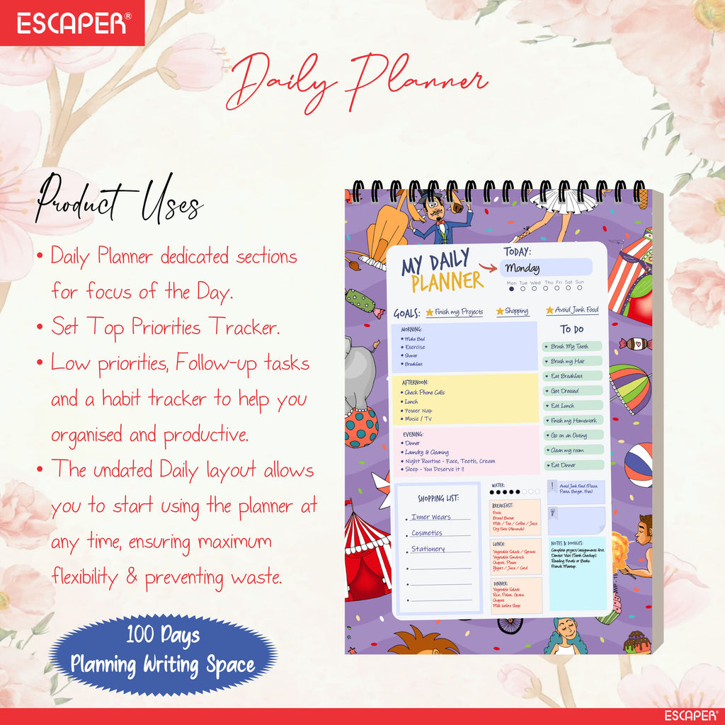 Circus Theme Daily Planner A5 – 100 Days Undated Planning Journal with To-Do Lists, Appointments & Goal Tracker | Fun Planner for Kids, Students & Gifting