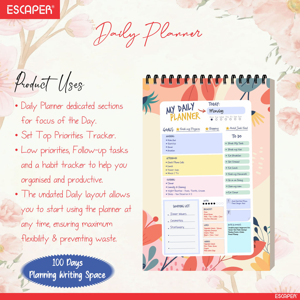 Floral Art Daily Planner A5 – 100 Days Undated Planning Journal with To-Do Lists, Priorities & Goal Tracker | Aesthetic Planner for Girls, Women & Gifting