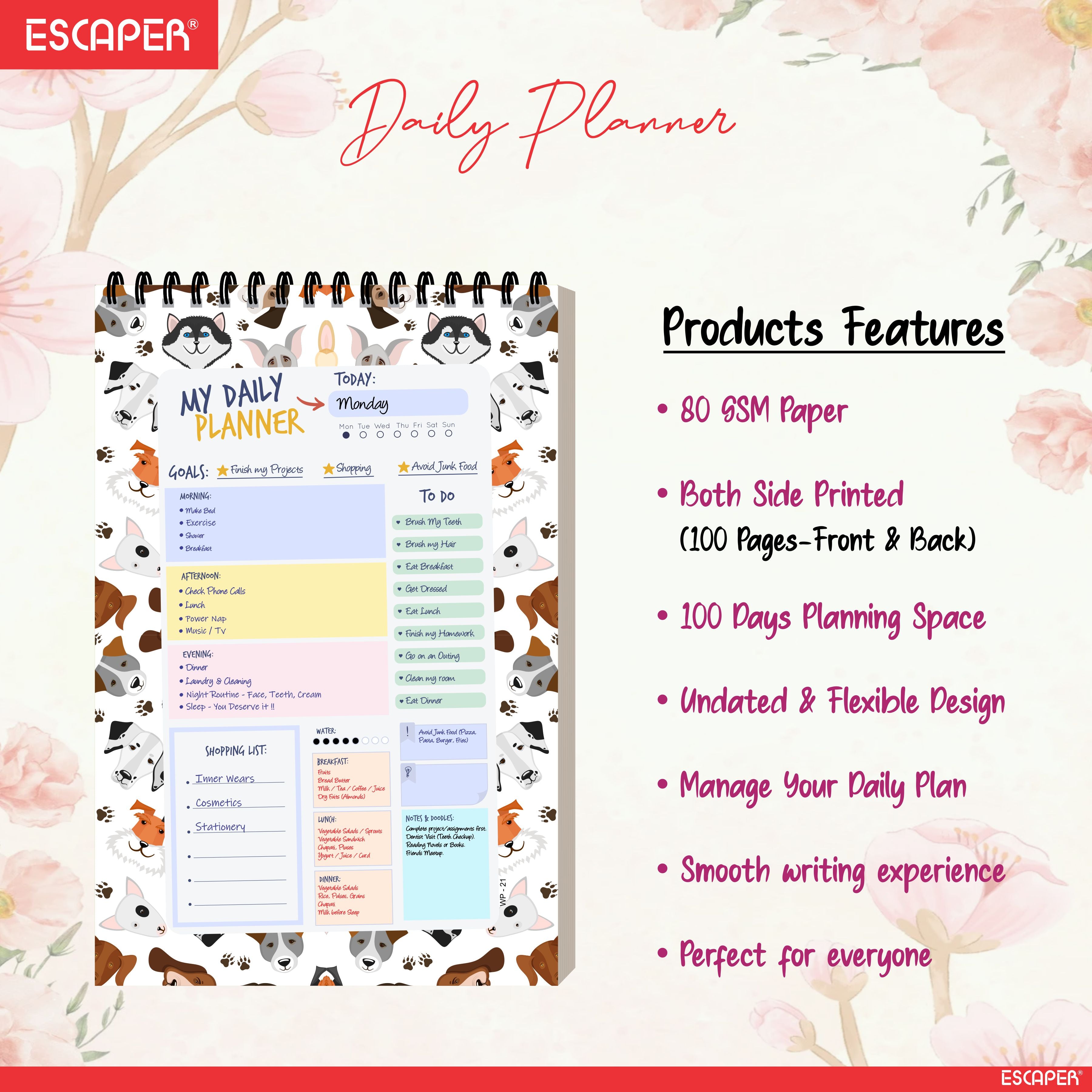 Animal Theme Daily Planner A5 – 100 Days Undated Journal with To-Do List, Priorities, Appointments & Goal Tracker | Planner for Students, Kids & Office Use
