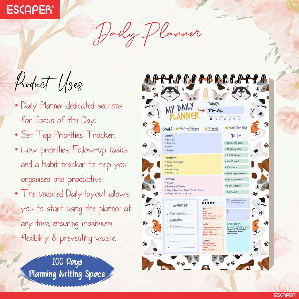 Animal Theme Daily Planner A5 – 100 Days Undated Journal with To-Do List, Priorities, Appointments & Goal Tracker | Planner for Students, Kids & Office Use