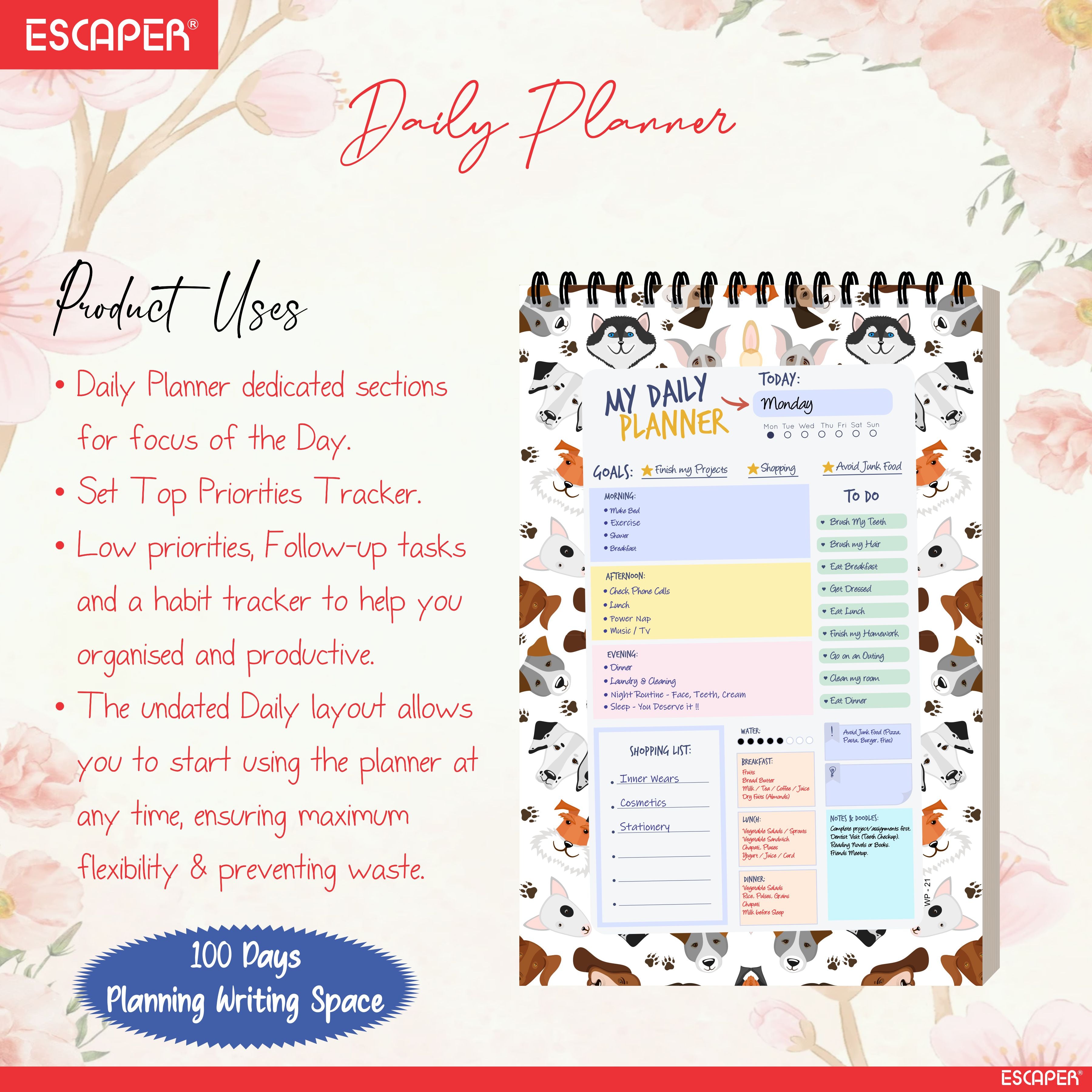 Animal Theme Daily Planner A5 – 100 Days Undated Journal with To-Do List, Priorities, Appointments & Goal Tracker | Planner for Students, Kids & Office Use